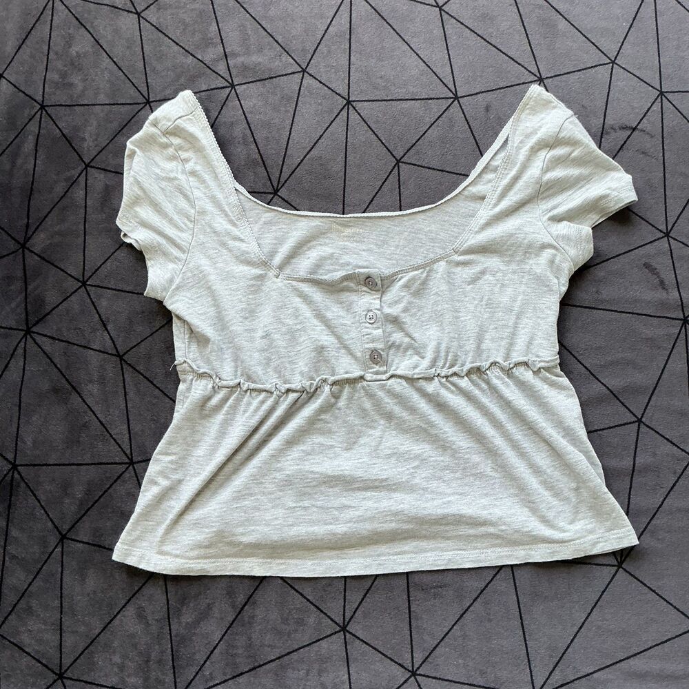 Grey Babydoll Top XS Scoop Neck Lace Trim Empire Waist Coquette Milkmaid